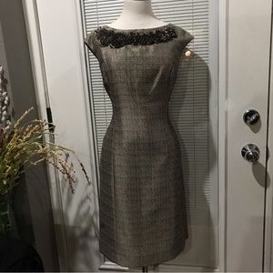 EVAN PICONE CAP SLEEVE SHEATH DRESS METALIC GREY TWEED BLEND